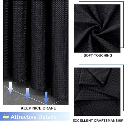 OVZME Extra Long Shower Curtain Set- 96 Inch Long Waffle Weave Heavy Duty Fabric Shower Curtains for Bathroom, Luxury Heavy Duty Thick Cloth Shower Curtain with 12 Plastic Hooks, 72x96, Black