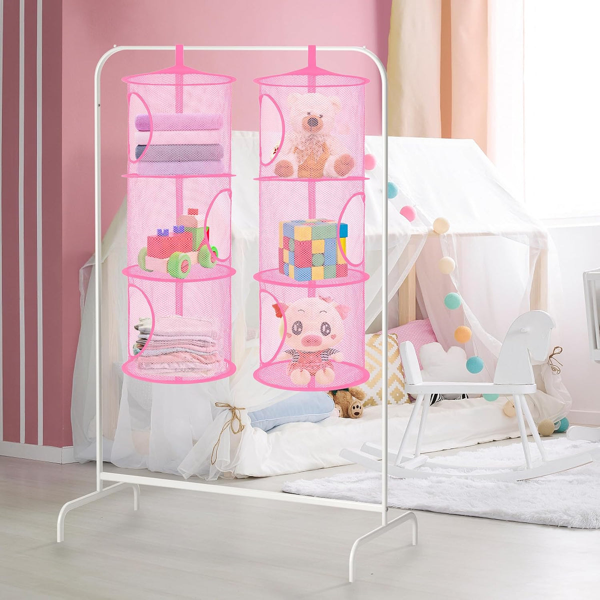 Libeder Mesh Hanging Storage Space Saver Bags Organizer,Foldable Storage Organizer 3 Compartments Toy Storage Basket for Kids Room Bathroom 2 Sets Pink