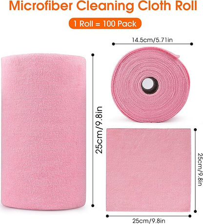 CHAUNCEY HOME Microfiber Cleaning Cloth Roll - 100 Pack Tear Away Microfiber Paper Towels, Reusable, Washable, Scratch-Free, Kitchen Towels for Car, Home, Kitchen, Glass, Dishes(Pink)