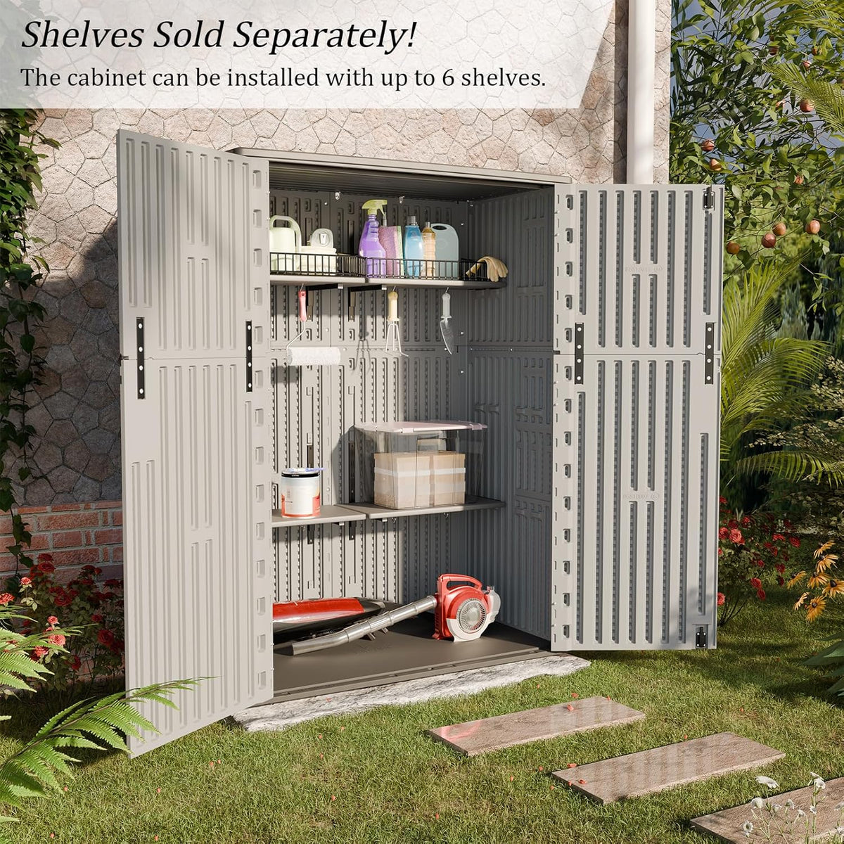 HOMSPARK Outdoor Storage Shed Weather Resistance, Patio Storage Cabinet Lockable Resin Tool Shed for Storage of Bike, Trash Cans, Garden Tools (Light Gray, 66 Cu.ft)
