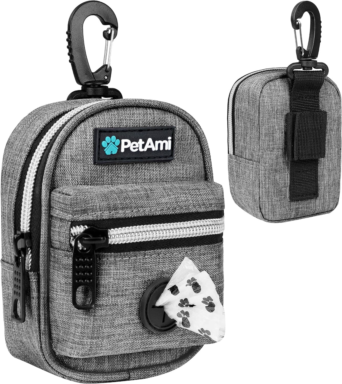 PetAmi Dog Poop Bag Holder for Leash, Dog Pet Waste Bag Dispenser For Poop With Clip, Doggy Puppy Walking Accessories Travel Camping, Dog Treat Pouch Supplies Must Have With Dog Bag Roll, Light Gray