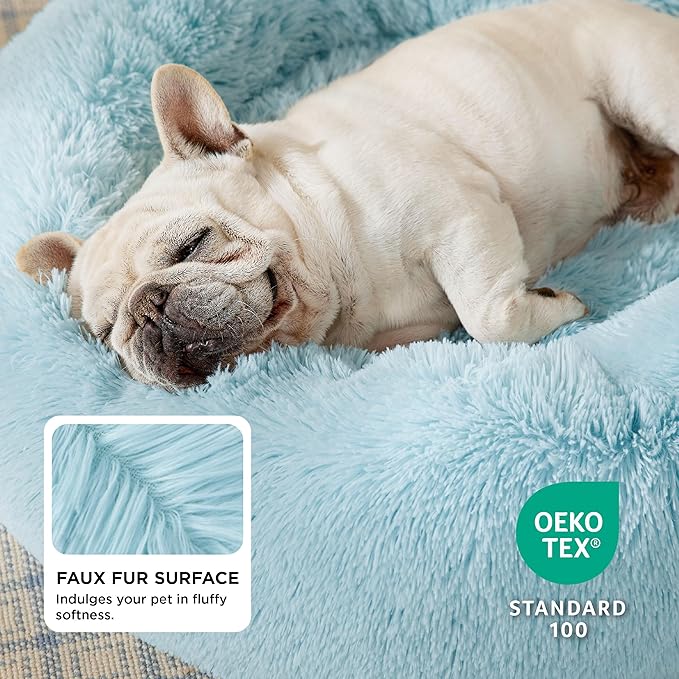 Bedsure Calming Dog Bed for Medium Dogs - Donut Washable Medium Pet Bed, 30 inches Anti-Slip Round Fluffy Plush Faux Fur Cat Bed, Fits up to 45 lbs Pets, Aqua Blue
