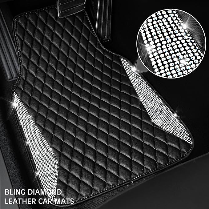 CAR PASS Bling Leather Car Mats Shining Diamond Floor Mats Crystal Rhinestone Sparkly Glitter Carpet Anti-Slip Waterproof Pad Universal Fit Automotive SUV, Sedan, Van, 5pcs Girl Women, Black Silver
