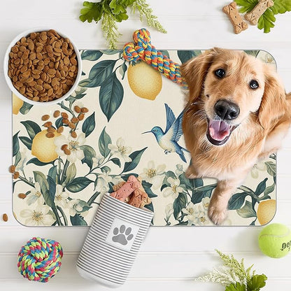 Hummingbird Dog Food Mat for Floors,Vintage Lemon Absorbent Quick-Dry Pet Feeding Mat,Cat Dog Bowl Mats for Food and Water,Non-Slip Pet Accessories Supplies 16"x24"