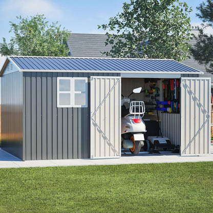 10X12 FT Outdoor Storage Shed Heavy-Duty Metal Sheds & Outdoor Storage with Floor Frame, Rustic Style Window and Lockable Doors Bright and Spacious Tool Sheds for Backyard Garden Patio Lawn, Gray