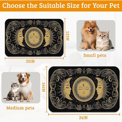 Dog Bowl Mat,Moon Sun Pet Feeding Mat for Floors Waterproof,Boho Vintage Absorbent Dogs Placemat for Food and Water Quick Dry Pet Cat Feeding Mats with Non Slip Bottom 12" x 20"