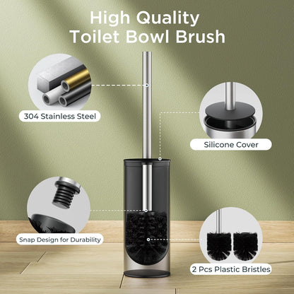 Toilet Brush and Holder Set, Toilet Bowl Brush with Heavy Duty 304 Stainless Steel Base and Extra Long Handle, Toilet Bowl Cleaners Brush for Bathroom (Stainless Steel)
