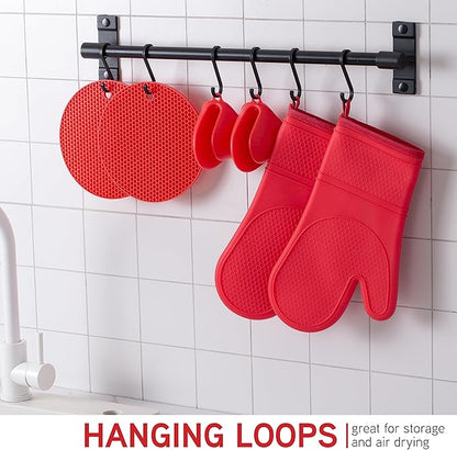 COOK WITH COLOR Silicone Oven Mitts- Heat Resistant Gloves with Soft Quilted Lining Oven Mitt Pot Holders for Cooking and BBQ, Red, Mitt Set