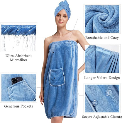 PJGGZ Towel Wrap for Women, Three Adjust Clasps Closure Bath Wraps After Shower Spa Sauna Bathrobe(Available in Plus Size)