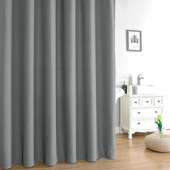 MISS SELECTEX Fabirc Shower Curtain for Bathroom, 230GSM Matt Waffle Water Repellent Durable Fabric Spa Hotel Shower Curtain, Machine Washable Cloth Shower Curtain(72Wx72H,Grey)