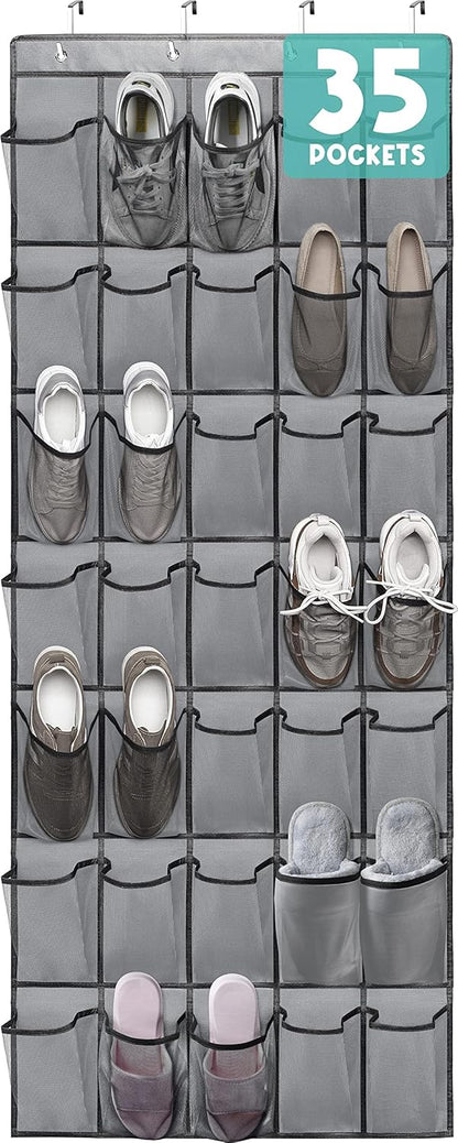 Over the Door Shoe Organizers 35 Mesh Pockets Hanging Shoe Organizer Shoe Rack for Closet Entryway Bedroom Bathroom Pantry Shoe Holder for Sneakers, High Heeled Shoes, Flip Flops (Gray 67.7” × 26.4”)