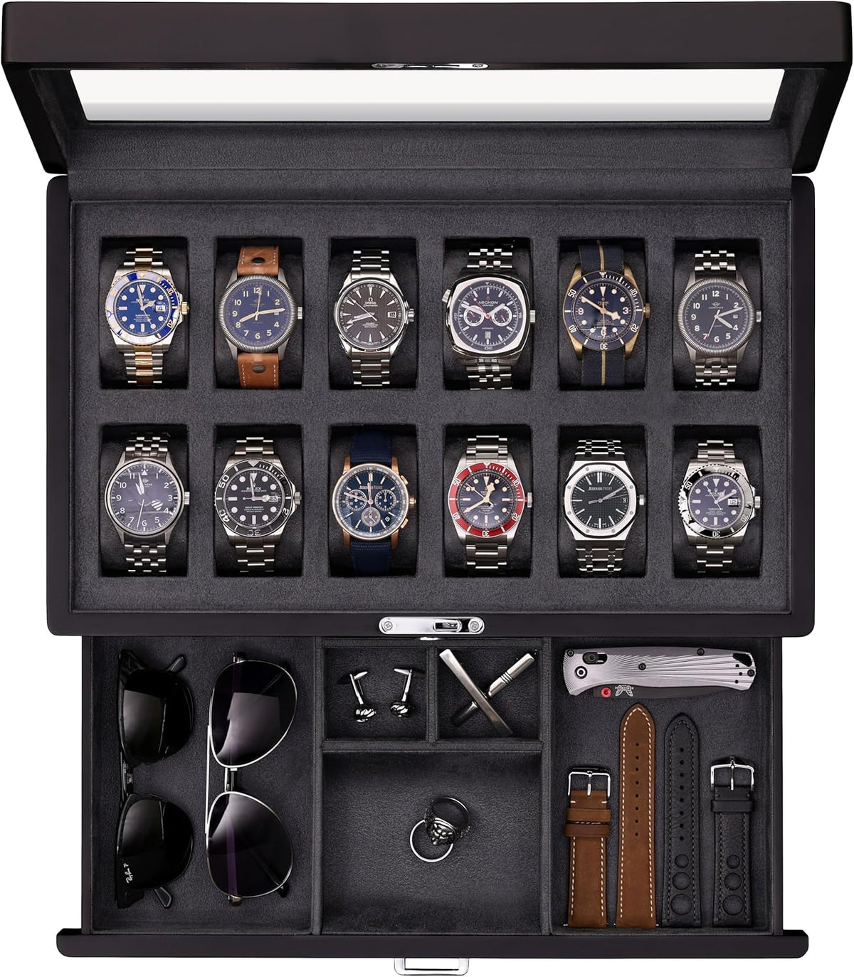 ROTHWELL 12-Slot Matte Black Watch Box with Valet Drawer - Premium Jewelry Display Case Organizer with Locking Glass Top and Microsuede Liner for Men & Women (Carbon Interior)