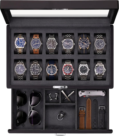 ROTHWELL 12-Slot Matte Black Watch Box with Valet Drawer - Premium Jewelry Display Case Organizer with Locking Glass Top and Microsuede Liner for Men & Women (Carbon Interior)
