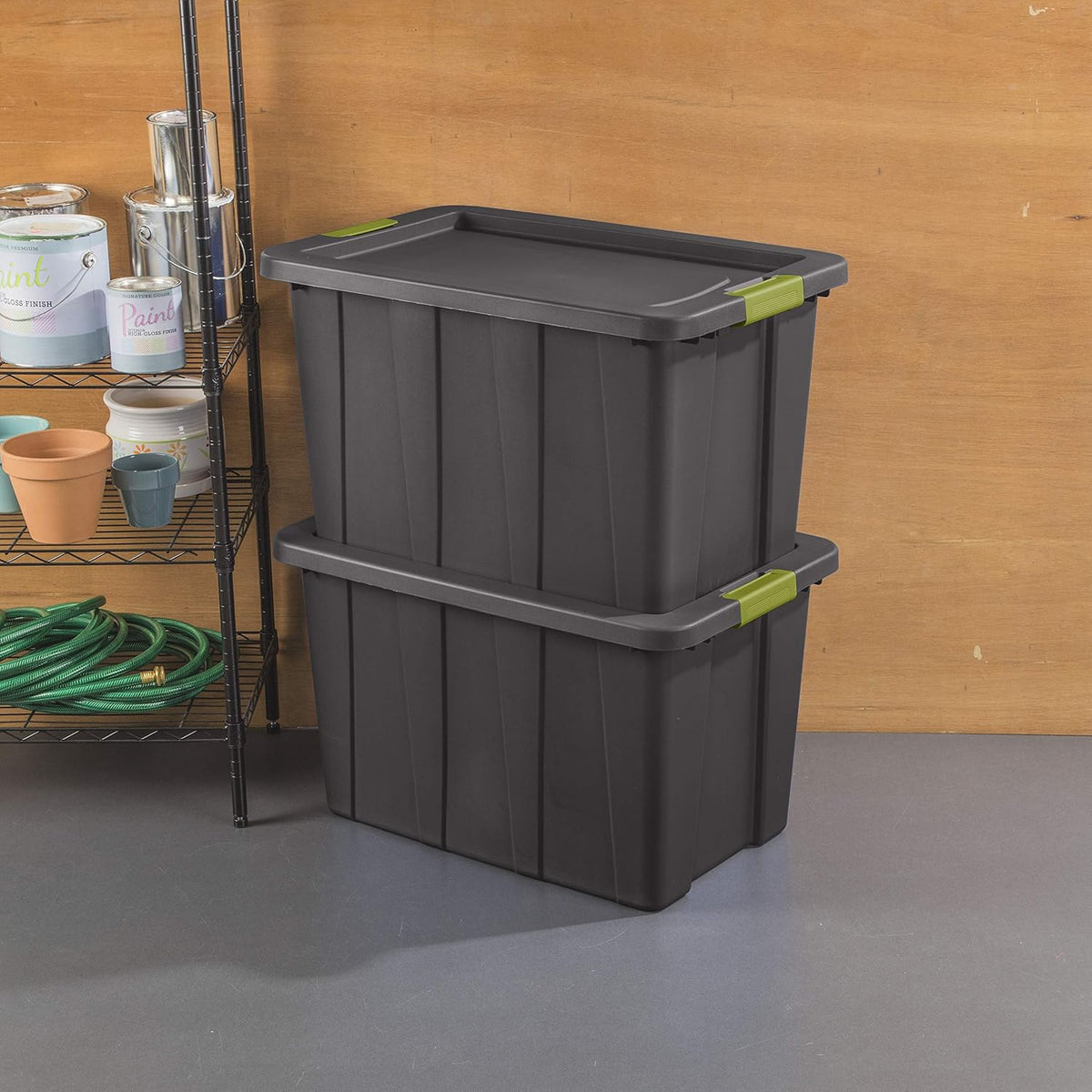 Sterilite 30 Gal Latching Tuff1 Storage Tote, Stackable Bin with Latch Lid, Plastic Container to Organize Garage, Basement, Gray Base and Lid, 4-Pack