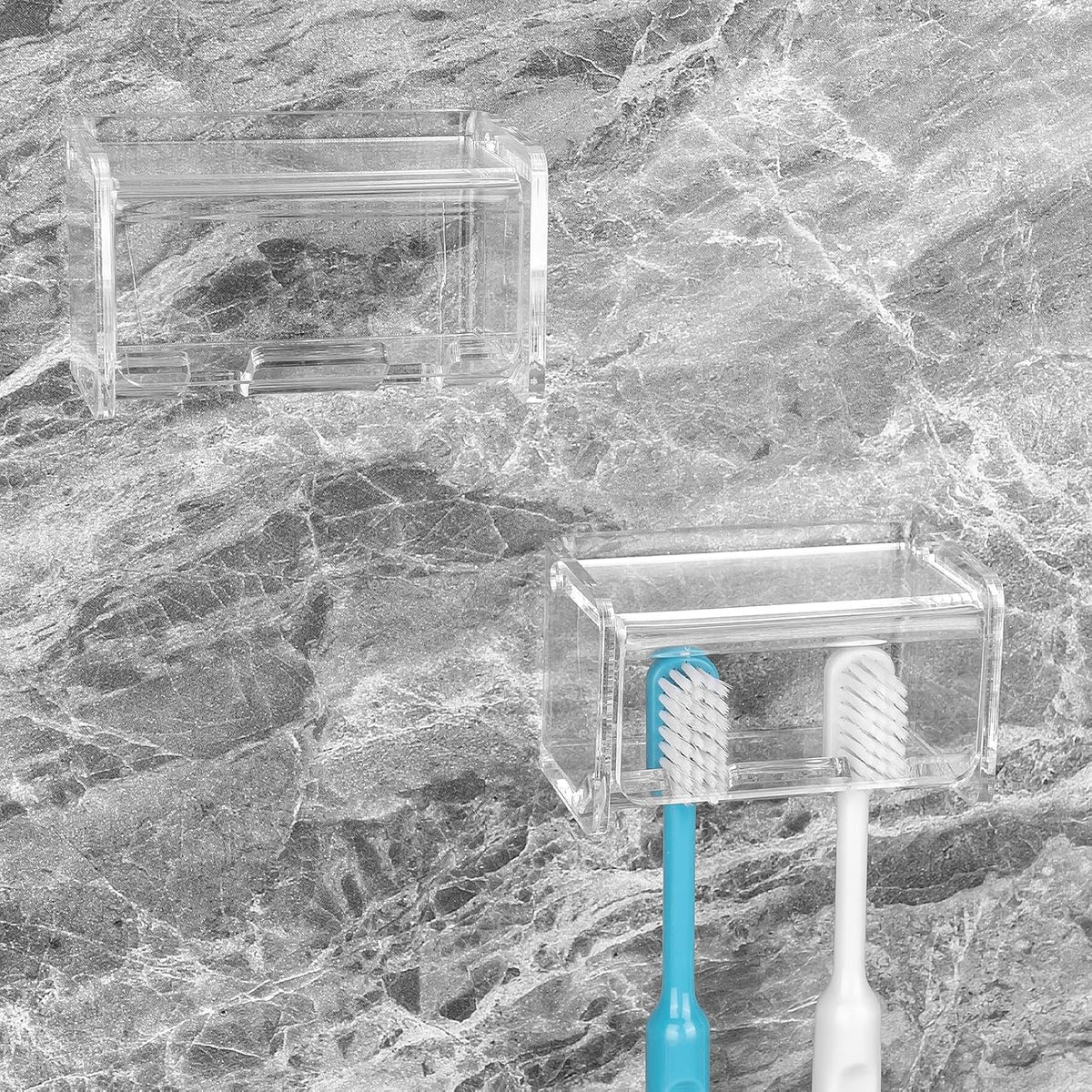 2 Pack Toothbrush Holder Wall Mounted with Cover for Bathroom, 2 Slots Toothbrush Storage Organizer for Shower, Self Adhesive Toothbrush Hanger Rack for Dorm, Cabinet (Clear)