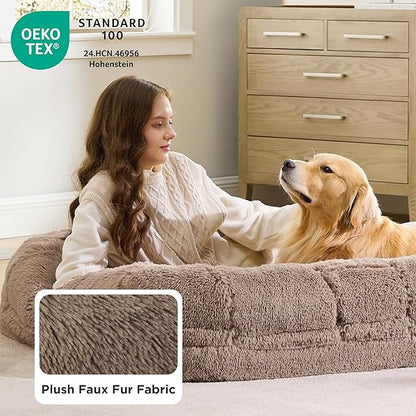 Bedsure Foldable Human Dog Bed - 2 in 1 Flexible Giant Human Dog Bed for Adult People with Supportive Bolster Egg Foam, Waterproof Liner, Calming Fluffy Faux Fur Orthopedic Big Bean Bed, Camel