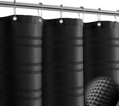 TURKIO Black Shower Curtain Waffle Weave Shower Curtain Striped Fabric Shower Curtains for Bathroom, Black Bathroom Decor