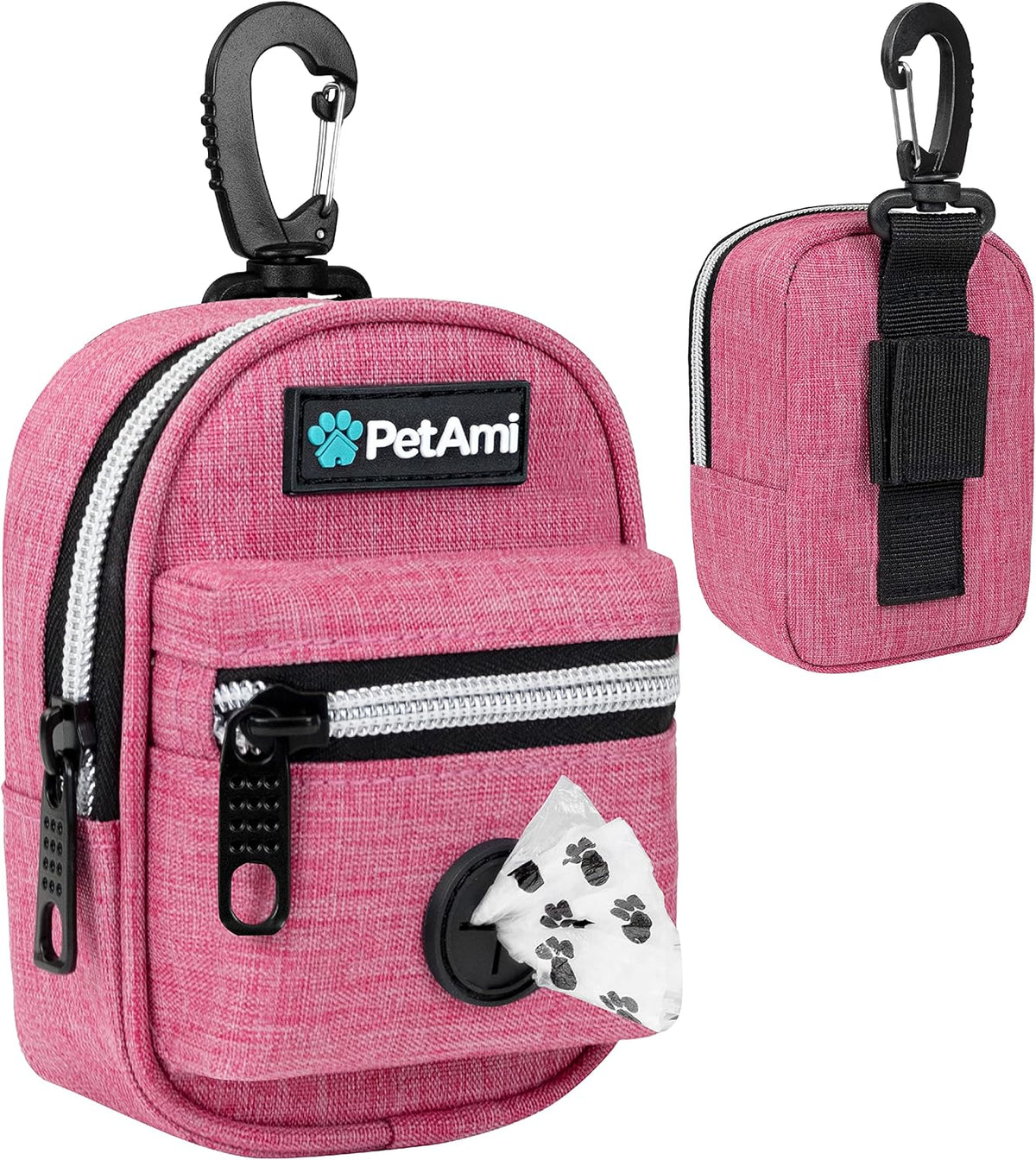 PetAmi Dog Poop Bag Holder For Leash, Dog Pet Waste Bag Dispenser For Poop With Clip For Doggie Puppy Walking Accessories Travel Camping, Dog Treat Pouch Supplies Must Have With Doggy Bag Roll, Pink