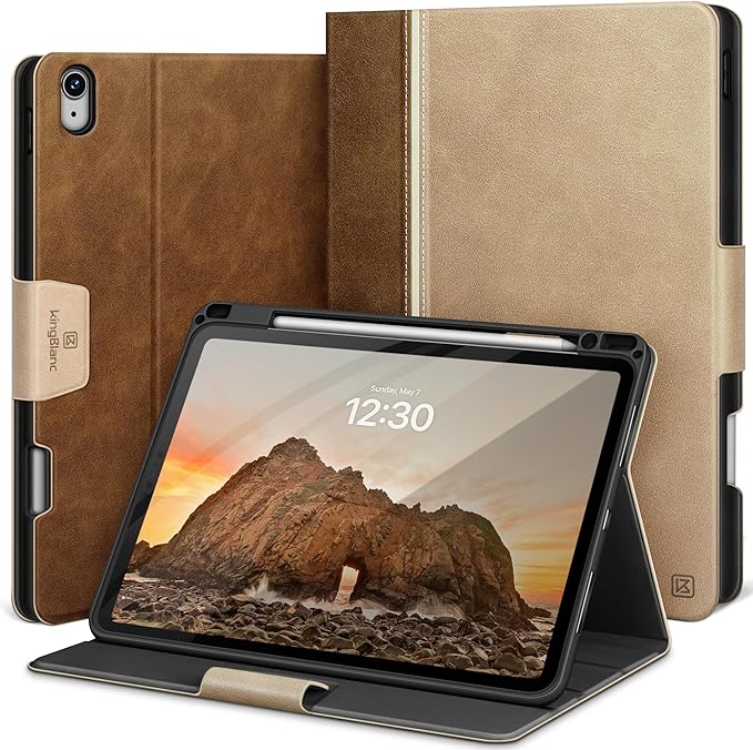 KingBlanc for iPad Air 11-inch Case M3 (2025) / M2 (2024), iPad Air 5th/4th Generation (2022/2020, 10.9") with Pencil Holder, Vegan Leather Stand Cover, Auto Sleep Wake, Viewing/Typing Angle, Beige
