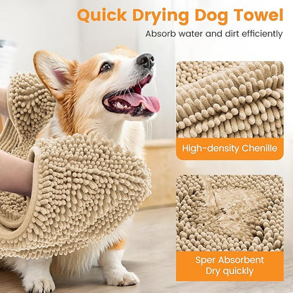 Smiry Chenille Dog Drying Towel, Extra Absorbent Bath Towel for Mud Dogs, Ultra Soft Quick Dry Pet Wash Mitt for Bathing, Grooming and Post-Walk Cleaning (31x13 Inches, Beige)