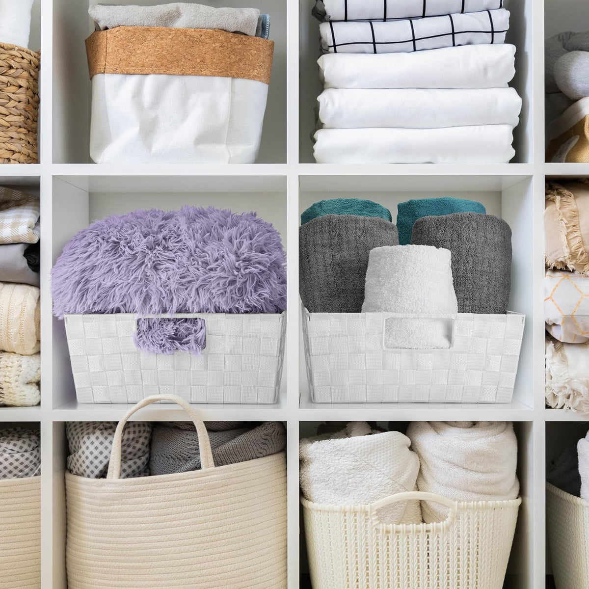 Sorbus Set of 3 Large Woven Storage Baskets – Mesh Hand-Woven Baskets for Organizing, Fabric Storage Bins for Linen Closet Organizer, Storage Baskets for Shelves and Home Organization (White)
