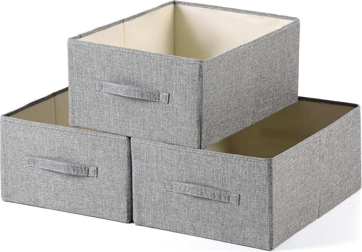 Linen Folding Storage Bins, 3 Pack Large Storage Baskets, Washable, Clothing Storage Bins with Handle, Closet Organizer for Storage Sweater,Sheets(dark grey, 18½"x13½"x8½")
