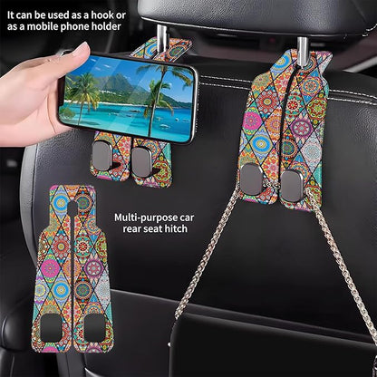 Purse Hook for Car Vintage Boho Mandala Flowers 1 Pack Headrest Back Seat Hook Premium Leather Double Metal Hanger Storage Pack Bag Purse Holder Car Accessories