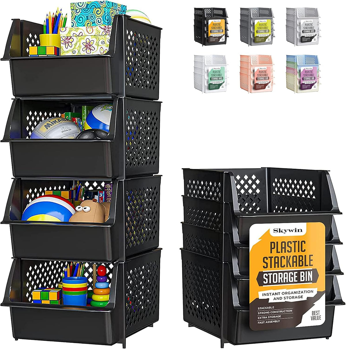 TidyFriend Stackable Storage Bins for Pantry Organizers and Storage 4 Pack, Pantry Storage for Food, Kitchen and Home Organization (Black)