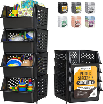 TidyFriend Stackable Storage Bins for Pantry Organizers and Storage 4 Pack, Pantry Storage for Food, Kitchen and Home Organization (Black)