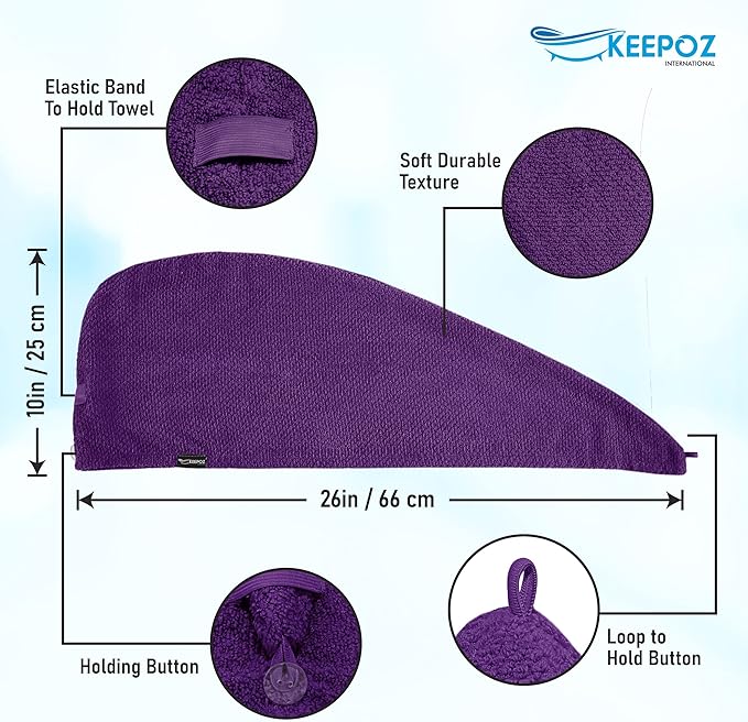 KEEPOZ Hair Towel Wrap Quick Dry 100% Cotton Super Absorbent Turban Head Wrap for Women with Button, Non Microfiber Anti Frizz Hair Products, Hair Cap for Curly, Long Hair (Purple Check, 2 Pcs)