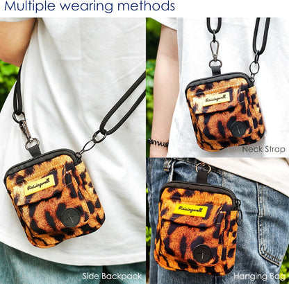 Dog Treat Pouch for Pet Walking and Training with Clicker Poop Bags and Double Bag Design Small Fanny Zipper Pack Holder for Puppy Snack Dispenser Kit for Leash and Outdoor Use Leopard Print