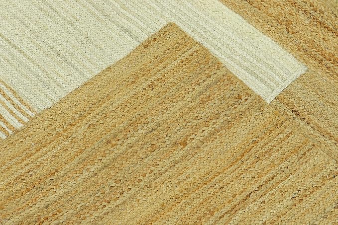 Scalloped Edge Rug, Hand Woven Natural Jute Area Rug, 8x8 Ft Square Beige & Brown Braided Kilim Rugs for Living Room, Kitchen, Entryway, Farmhouse