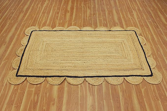 Scalloped Edge Rug, Hand Woven Natural Jute Area Rug, 4x7 Ft Beige & Black Braided Sisal Kilim Rugs for Living Room, Kitchen, Entryway, Farmhouse