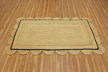 Scalloped Edge Rug, Hand Woven Natural Jute Area Rug, 4x7 Ft Beige & Black Braided Sisal Kilim Rugs for Living Room, Kitchen, Entryway, Farmhouse