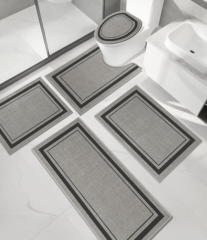 chakme 5 Piece Bathroom Rug Sets, Ultra Thin Bath Mat,Absorbent Non Slip, Durable,Geometric Pattern, Dark Grey, 17" x 24"/17" x 30"/17" x 59"