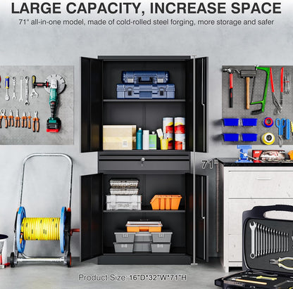 SISESOL Metal Garage Storage Cabinet with Drawer and Lock,Black Metal Storage Cabinet with Locking Doors and Adjustable Shelves,71" Tall Large Steel Tool Cabinets for Home,Office,Garage,Shop