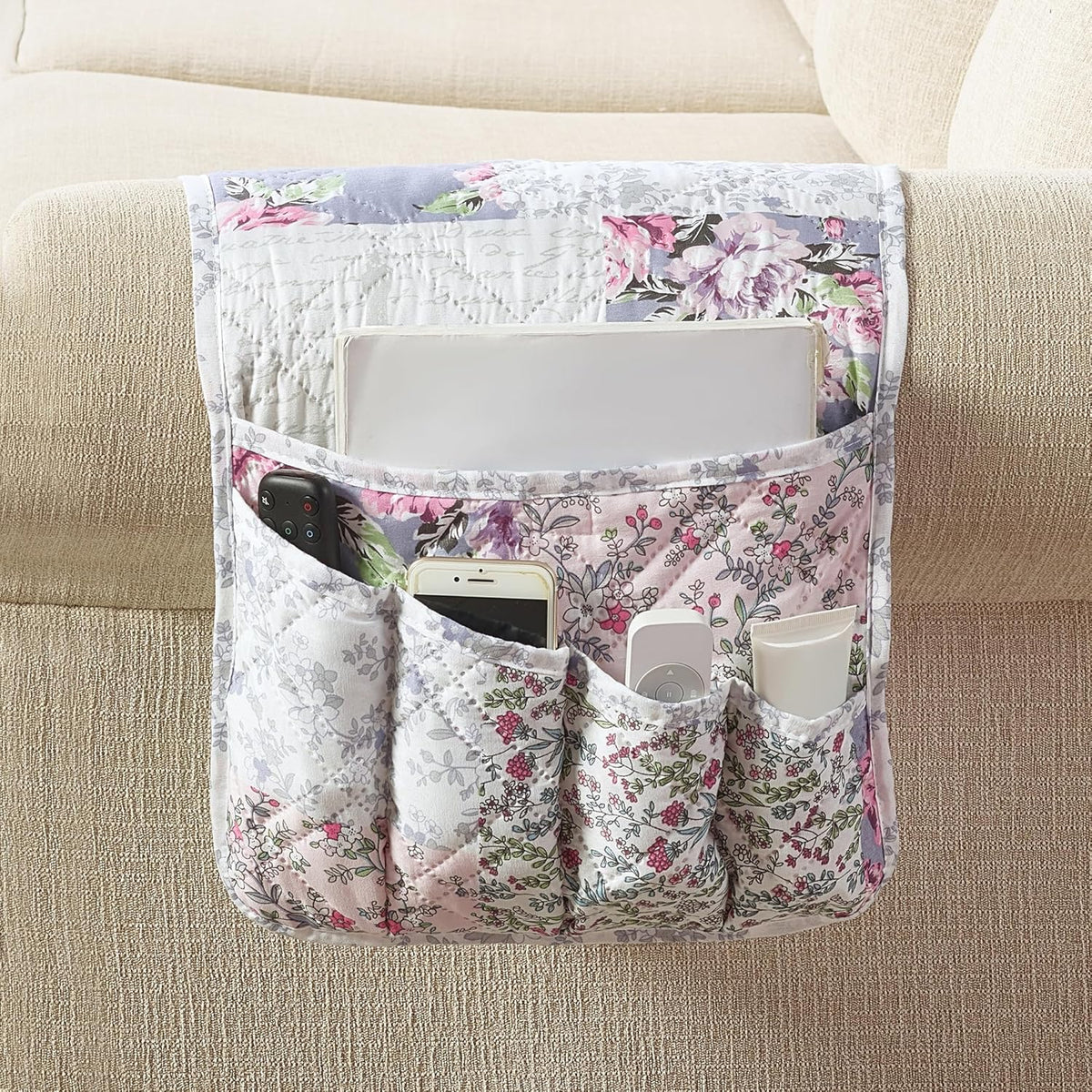 Brilliant Sunshine Rose Toile Couch Sofa Armrest 5 Pockets Organizer, Slip Resistant Recliner Armchair Caddy, Washable Remote Controls Holder, Storage for Magazine, Tablet, iPad, 35×13", Blue Pink