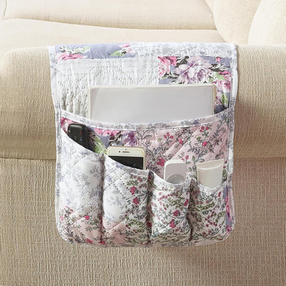Brilliant Sunshine Rose Toile Couch Sofa Armrest 5 Pockets Organizer, Slip Resistant Recliner Armchair Caddy, Washable Remote Controls Holder, Storage for Magazine, Tablet, iPad, 35×13", Blue Pink