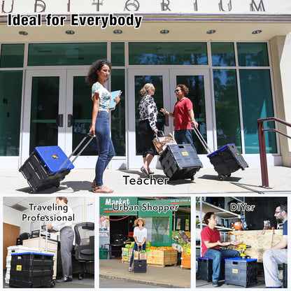 dbest products Quik Cart Collapsible Rolling Crate on Wheels for Teachers Tote Basket, 80 lbs Capacity, Blue Lid Made from Heavy Duty Plastic and used as a Seat