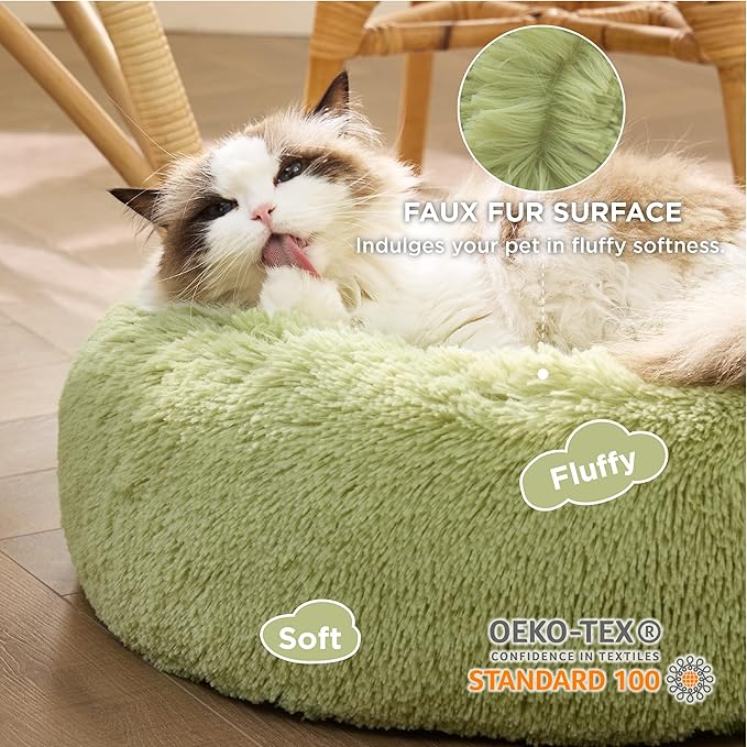 Bedsure Calming Cat Beds for Indoor Cats - Small Cat Bed Washable 20 inches, Anti-Slip Round Fluffy Plush Faux Fur Pet Bed, Fits up to 15 lbs Pets, Green
