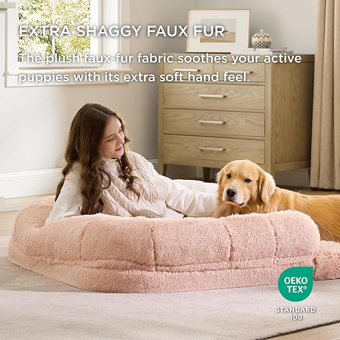 Bedsure Foldable Human Dog Bed for People Adults, 2 in 1 Calming Human Size Giant Dog Bed Fits Pet Families with Egg Foam Supportive Mat and Waterproof Liner, Faux Fur Orthopedic Pet Sofa, Pink