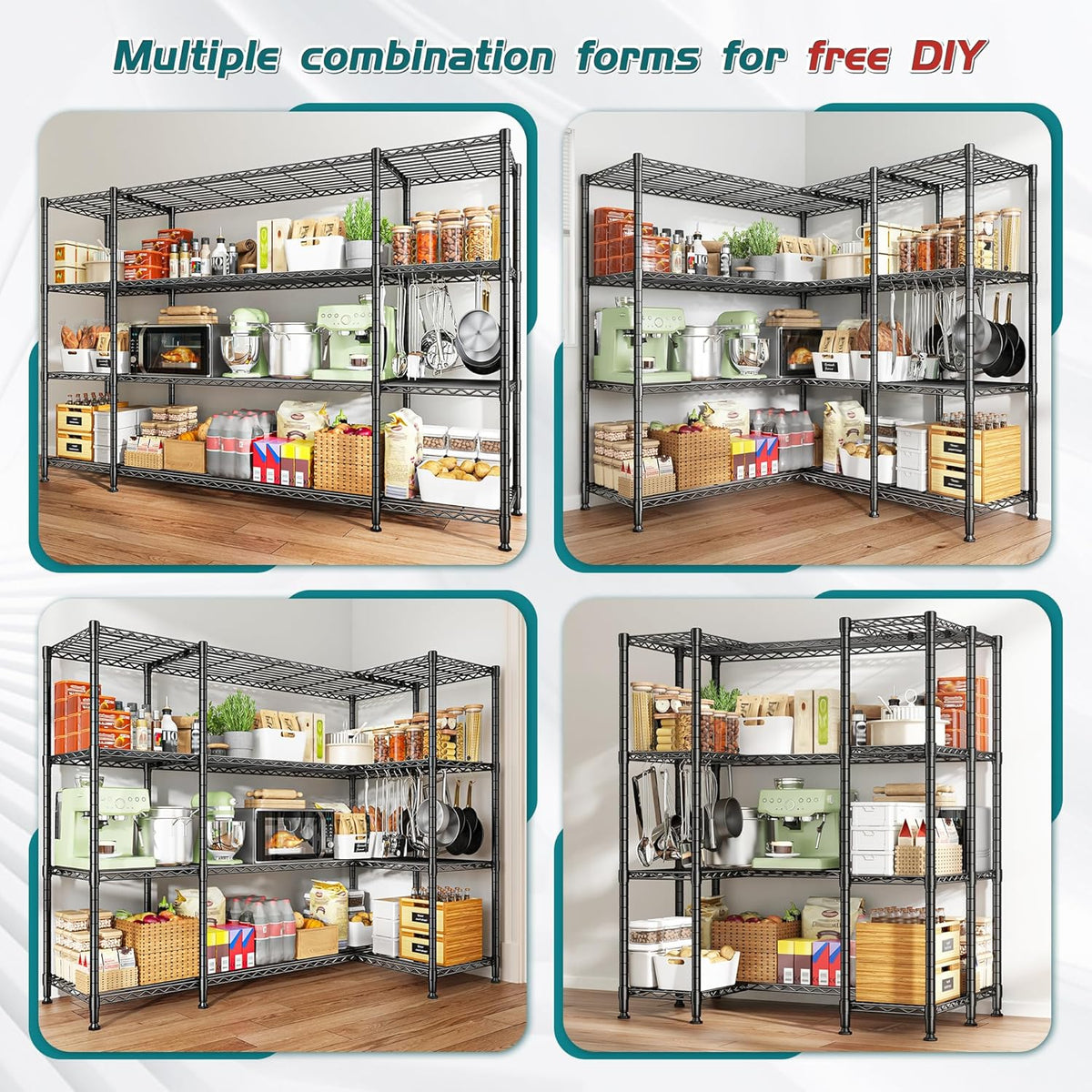 REIBII 78.4''W Storage Shelves, 4 Tier Wire Shelving Unit Loads 1500LBS with Adjustable 2PCS Heavy Duty Metal Shelving for Pantry, Kitchen,Garage Shelves.78.4''Wx11.8''Dx59''H,Black