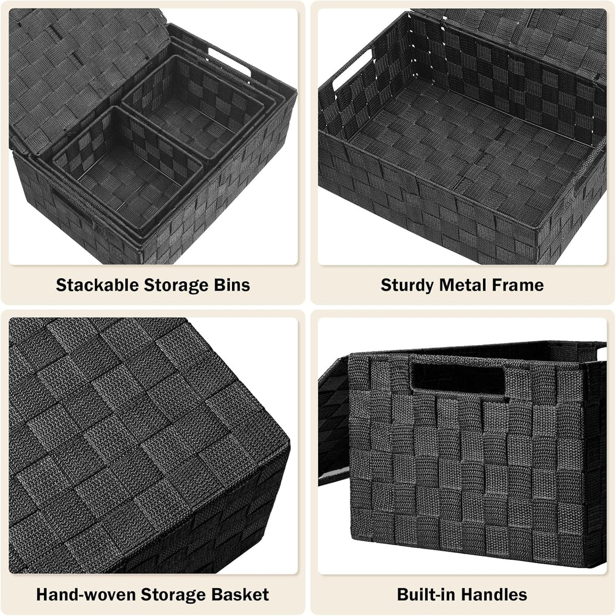 Storage Bins Baskets for Organizing with Lids, Storage Baskets for Shelves Stackable Woven Basket, Gift Small Basket Storage Cubes, Decorative Wicker Basket with Built-in Handles (5 Pack, Black)