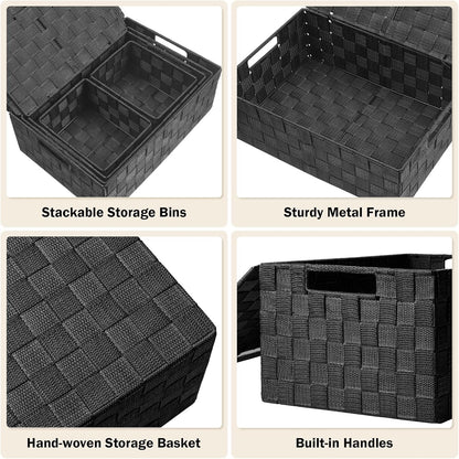 Storage Bins Baskets for Organizing with Lids, Storage Baskets for Shelves Stackable Woven Basket, Gift Small Basket Storage Cubes, Decorative Wicker Basket with Built-in Handles (5 Pack, Black)