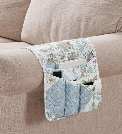 Brilliant Sunshine Blue Rose Patchwork Couch Armrest 5 Pockets Organizer, Slip Resistant Recliner Armchair Caddy, Washable Remote Controls Holder, Storage for Magazine, Tablet, Phone, iPad, Blue Rose