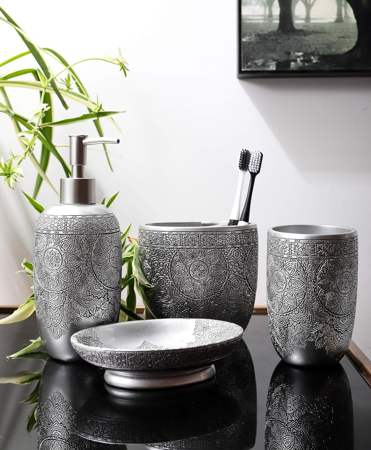 Hymmah Bathroom Accessories Set,Toothbrush Holder,Farmhouse Bathroom Decor,4 Pcs Resin Gift Set Apartment Necessities, Contain Toothbrush Cup,Soap Dispenser,Soap Dish,Tumbler