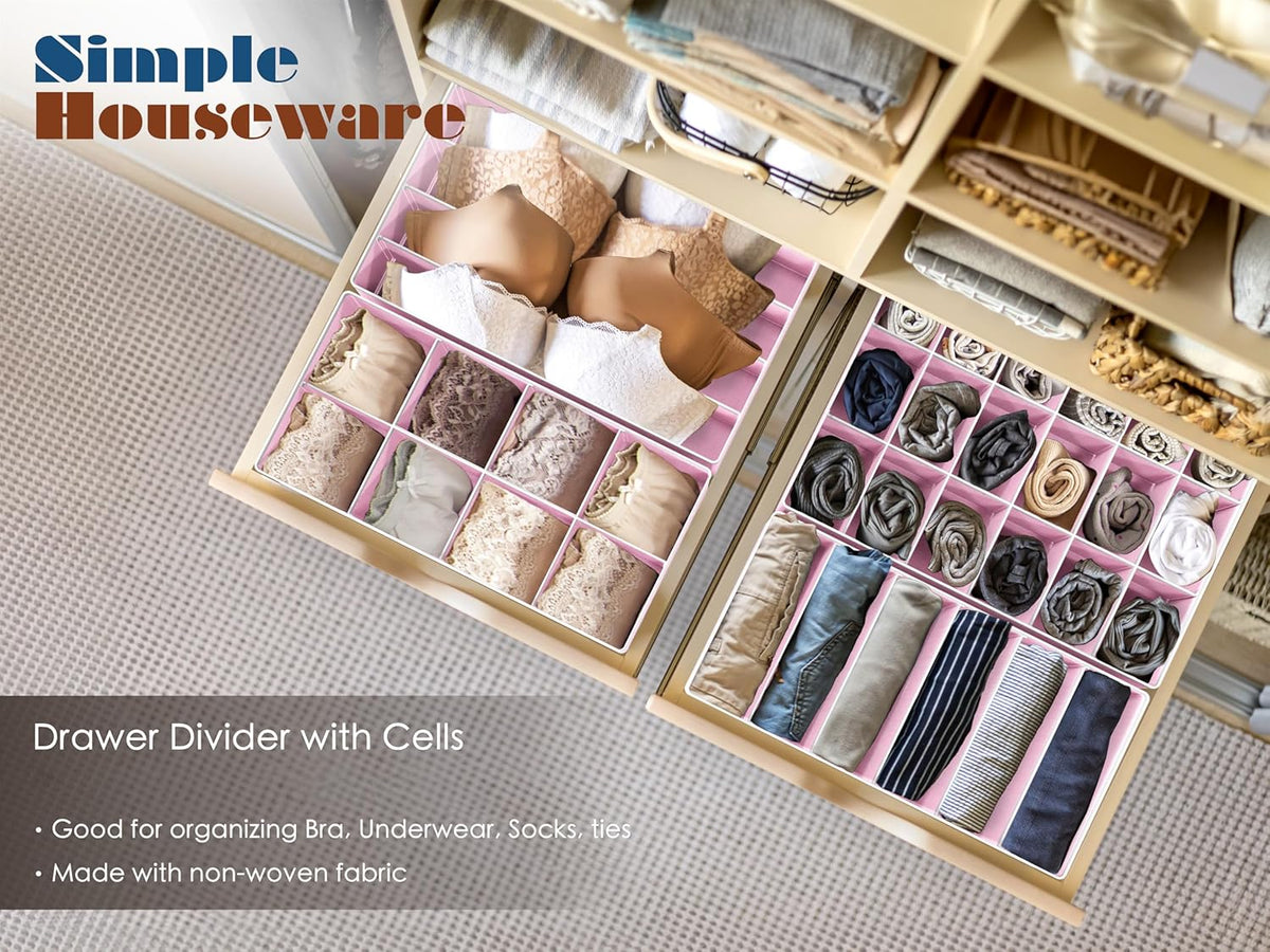 Simple Houseware 4-Pack Drawer Organizer Set - Closet Dividers for Underwear, Socks, Bras, Scarves, Ties - Foldable Non-Woven Storage Boxes, Pink