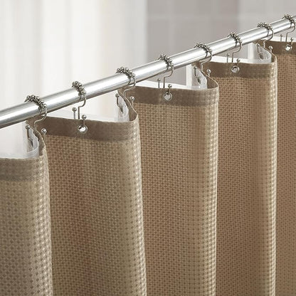 Lameirose Shower Curtain and Liner Set, 3 in 1 Waffle Shower Curtain Set with 12 Double Sided Shower Curtain Hooks, Fabric Shower Curtains for Bathroom, Beige, 72 x 72