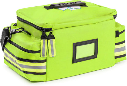 Scherber First Responder Fully-Stocked Professional Essentials EMT/EMS Trauma Kit | HSA/FSA Approved | Reflective Bag w/8 Zippered Pockets & Compartments & 200+ First Aid Supplies - Yellow