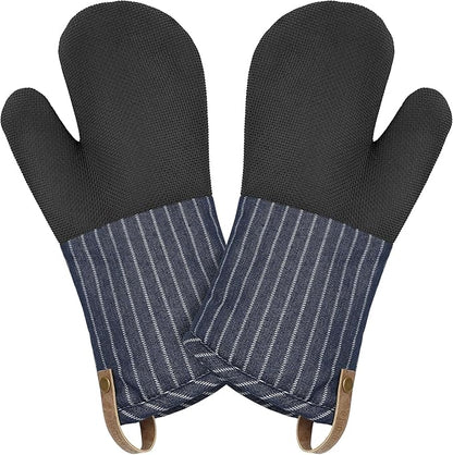 Cuisinart Heritage Kitchen Oven Mitts – Heat-Resistant Mitts for Oven with Non-Slip Neoprene Palm, Long Cuff, and Cotton Filling – Durable Oven Gloves for Cooking, Baking & Grilling (Denim Pinstripe)